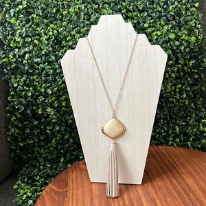 32” Cream/Yellow Stone and Faux Leather Tassel Necklace